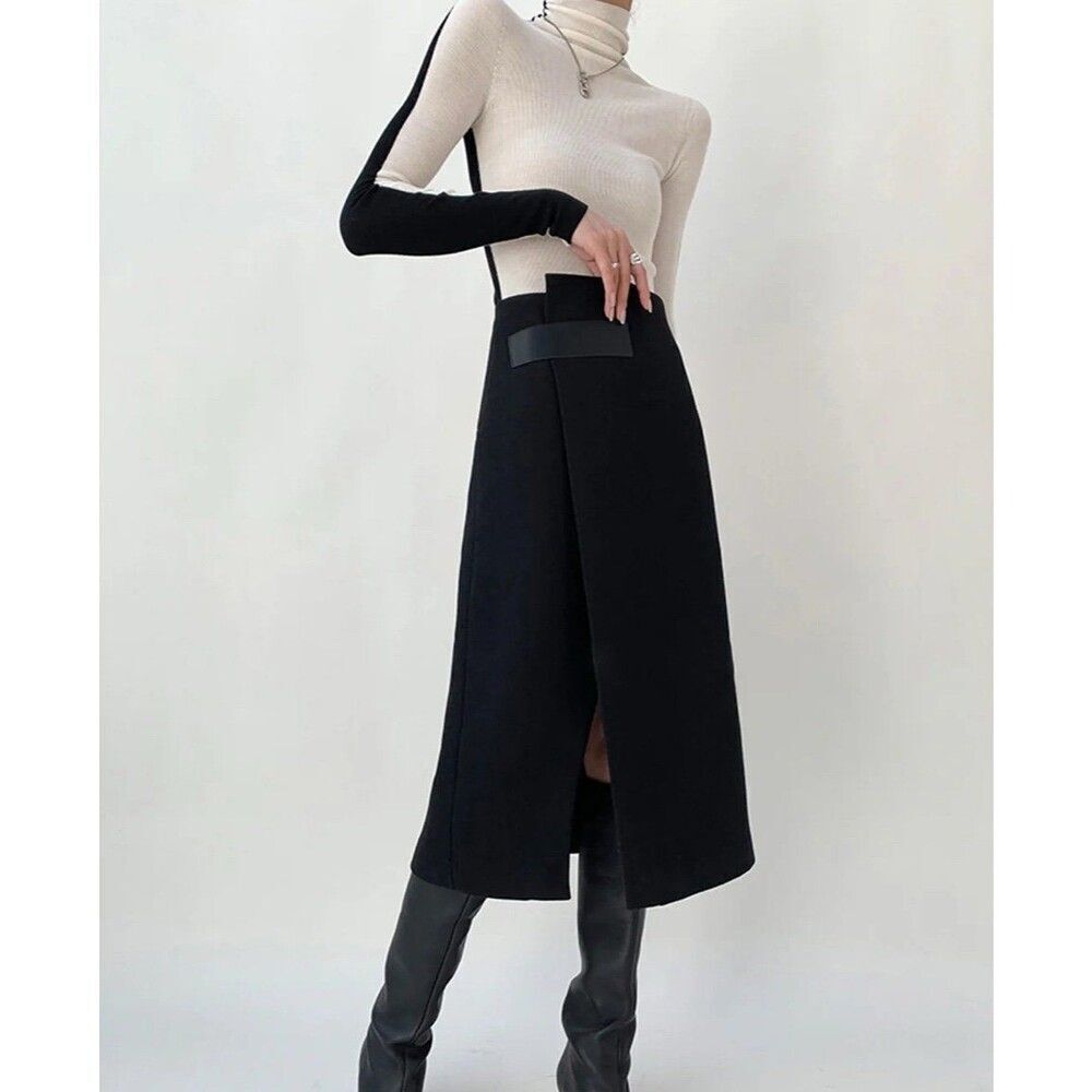 Commense NWT Women XS Black Tweed Asymmetric Wrap Midi Skirt Fall Old Money Chic
